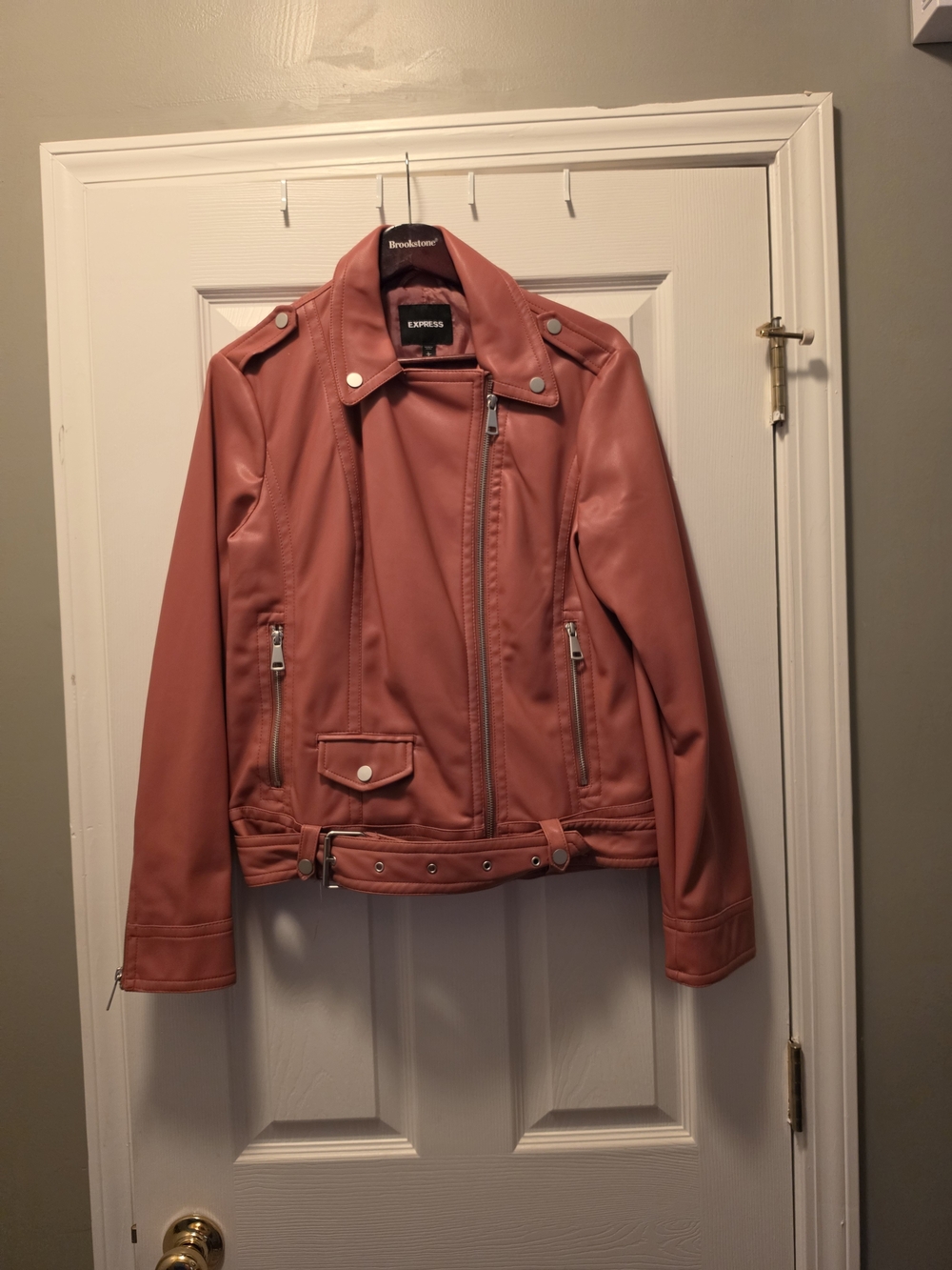 Express Coral-Pink Faux Leather Moto Jacket